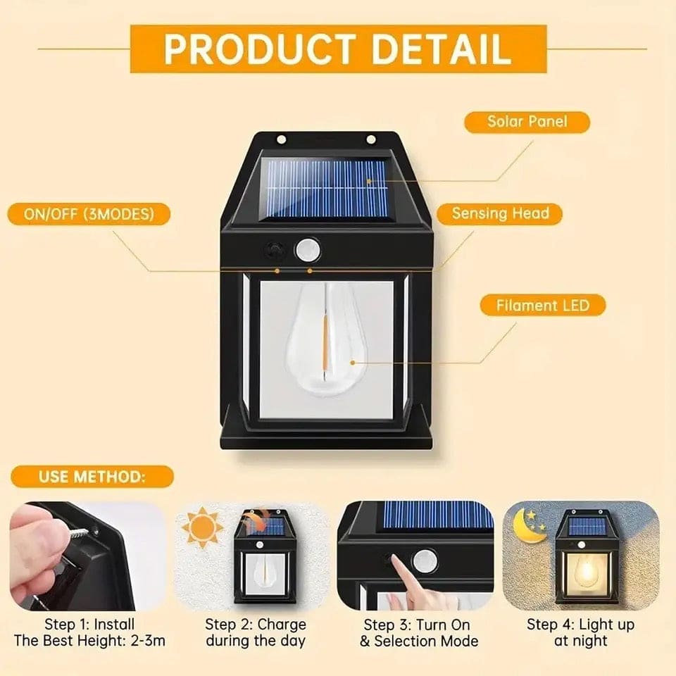Outdoor Solar Lamp, Solar Tungsten Filament Lamp, Waterproof Intelligent Induction Lantern, Wireless Dusk to Dawn Porch Light, Outdoor Wall Light with Motion Sensor, Courtyard Garden Villa Lighting Night Light, Sunlight Prowered Motion Sensor Lamp